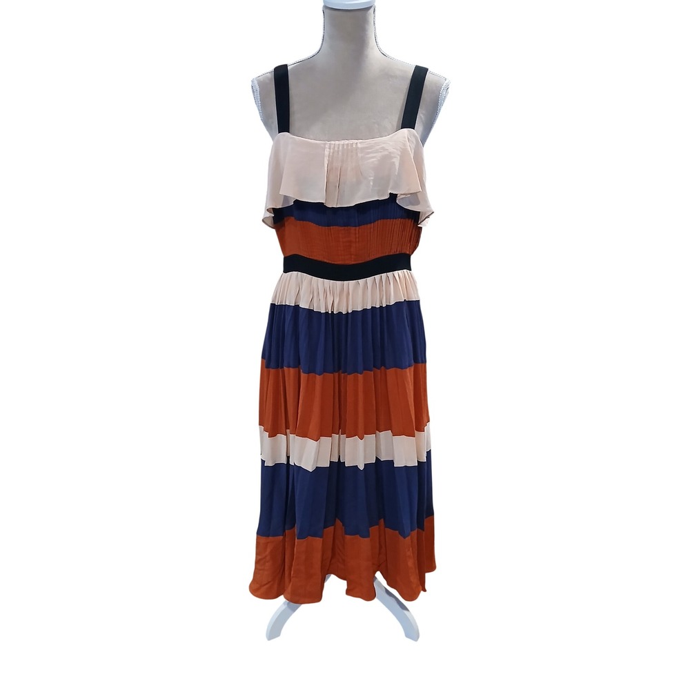 After Market Womens Colorblock Striped Pleated Midi Dress Peach Navy Rust Large